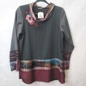 Lee Andersen Tunic Sz M Gray Pink "Holi Job to Joy" Floral Applique Beaded Artsy